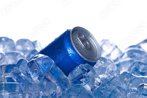Blue aluminum beer soda water Tin Can with ice cubes. Blank metallic can for drink juice.