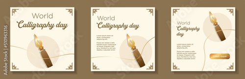 World calligraphy day social media post, banner set, writing pencil celebration advertisement concept, classic art pen style marketing square ad, abstract print, isolated on background