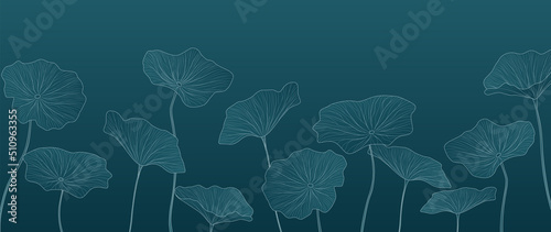 Luxury dark blue art background with lotus leaves in line style. Botanical banner in oriental style for wallpaper design, print, decor, interior design