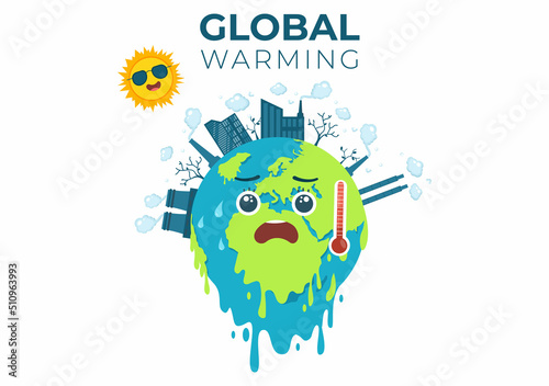 Global Warming Cartoon Style Illustration with Planet Earth in a Melting or Burning State and Image Sun to Prevent Damage to Nature and Climate Change