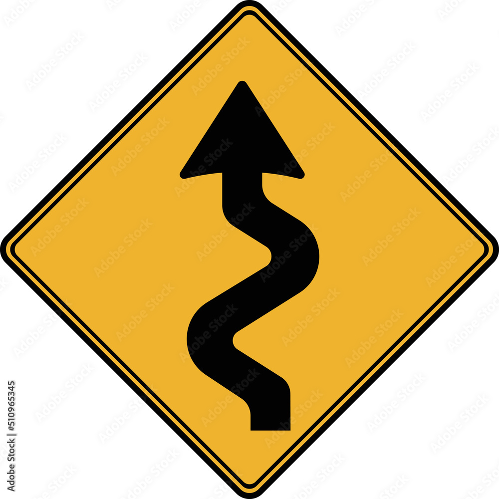Road sign, there is a winding road ahead.