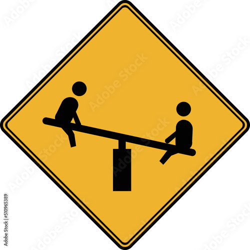Road sign, playground. Warning to motorists on the road.