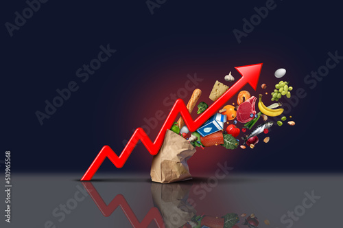 Rising food cost and grocery prices surging costs of supermarket groceries as an inflation financial crisis concept coming out of a paper bag shaped hit by a finance graph arrow photo