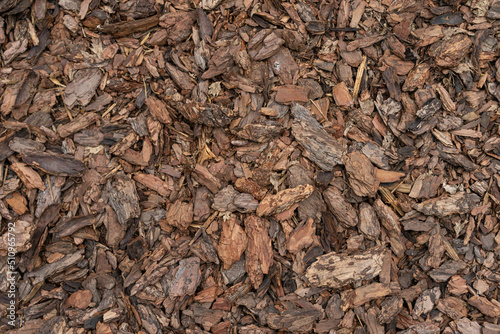 Pine Bark Mulch. A pile of wood chips to be used as landscaping mulch