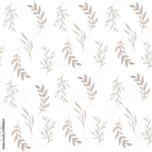 Watercolor seamless floral pattern with green leaves. Hand-drawn background for print, fabric, textile.