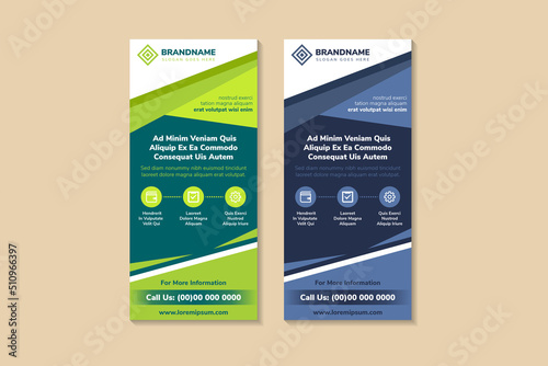 Business Roll up banner vertical template design, brochure, flyer. modern flag banner advertising. vector illustration with space for text. multicolored green and blue background with infographic. 