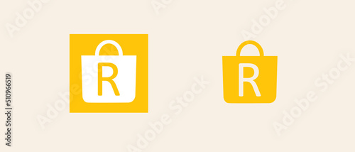 shopping bag sign symbol logo or shopping bag iconvector shopping bag, suitable for shopping app icons, store websites and UI UX icons.Yellow bag icon design with letter R.