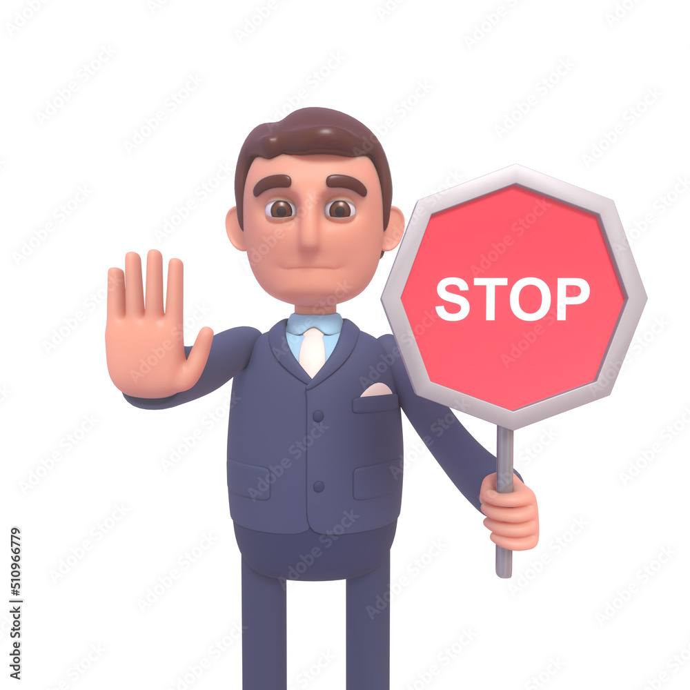 3d render of cheerful businessman holding stop sign 3d render of cheerful businessman holding stop sign