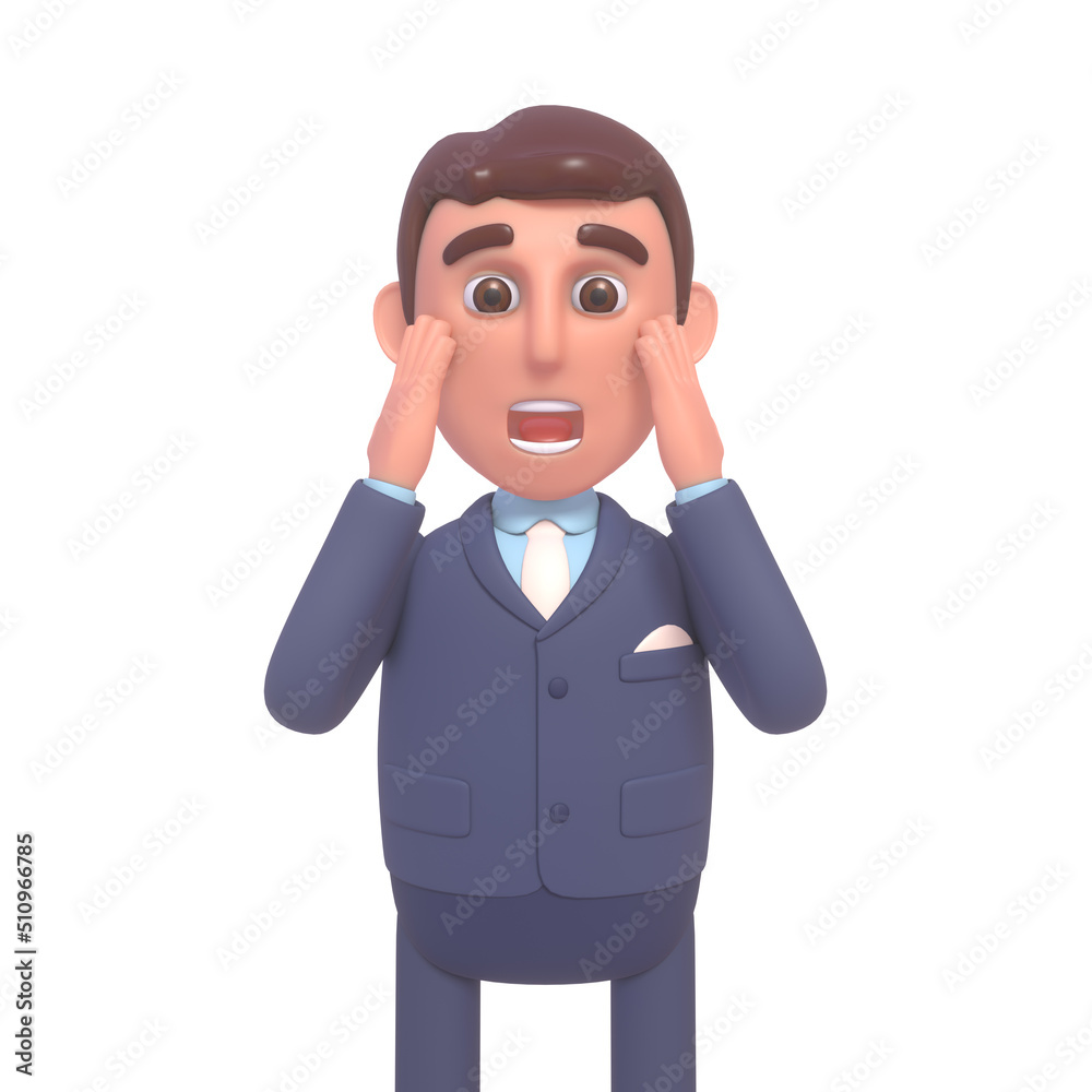 3d render of surprised or shocked businessman in suit covering his mouth with hands in fear or disbelief 3d render of surprised or shocked businessman in suit covering his mouth with hands in fear or disbelief