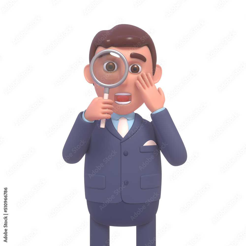 3d render of surprised businessman holding magnifying glass 3d render of surprised businessman holding magnifying glass
