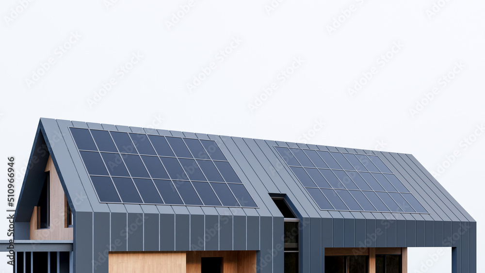Photovoltaic solar panels system on the roof of the modern house.