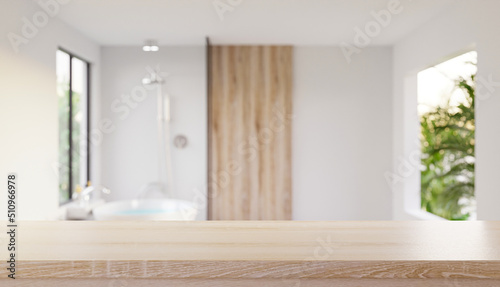 Photographie Tabletop for product display with blurred bathroom interior.