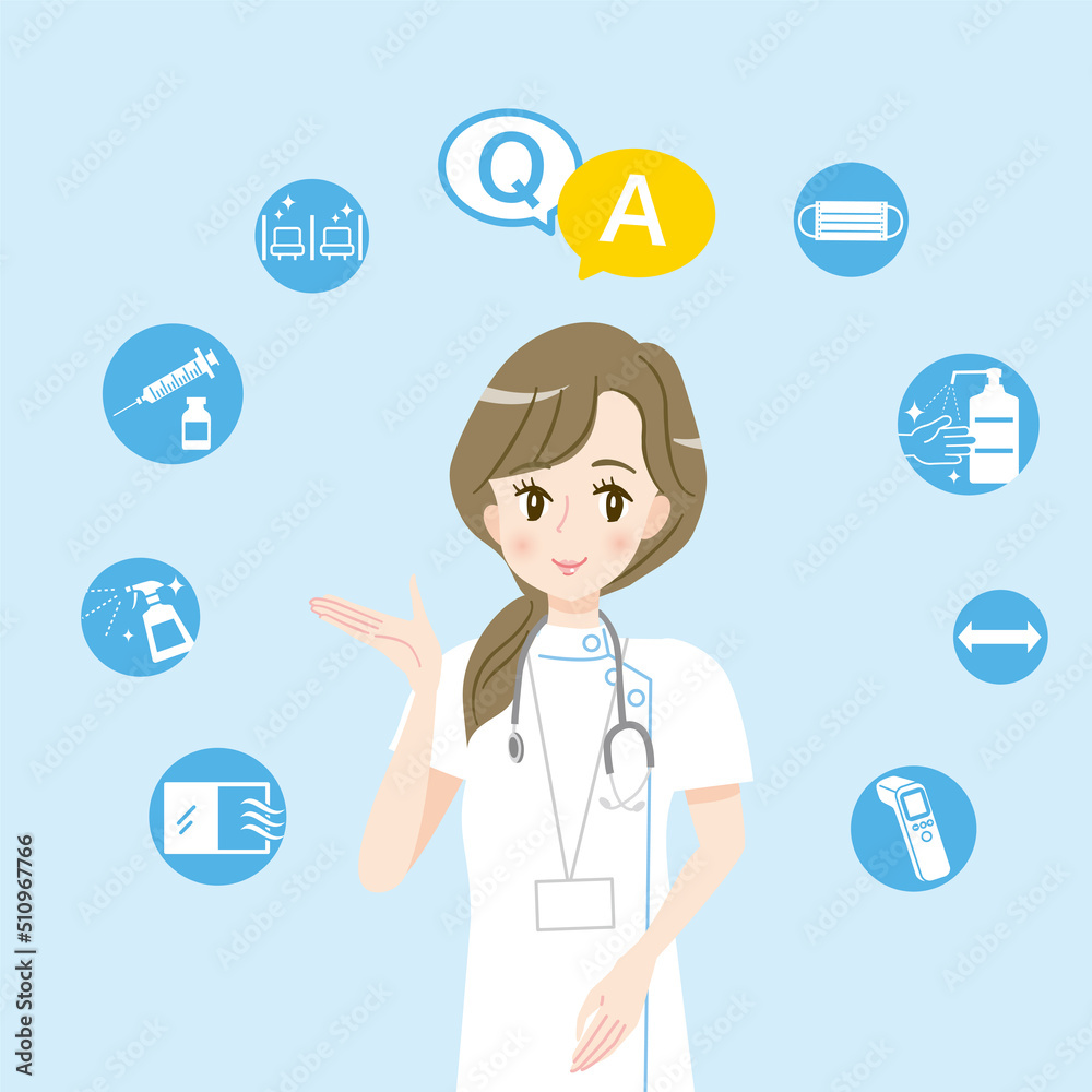 医療について説明する若い女性医師と医療のアイコン 医療について説明する若い女性医師と医療のアイコン