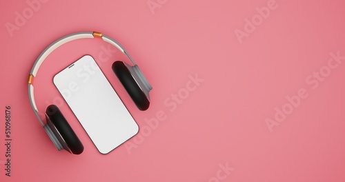 Fototapeta Naklejka Na Ścianę i Meble -  White mobile phone empty screen and wireless headphones grey and white as gadgets for listen to the music on pink background top  view mock up 8K high resolution 3d illustration