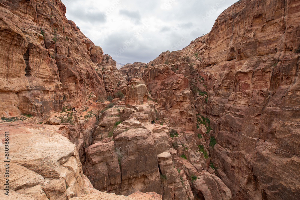 Rocky sandstone mountains landscape in Jordan desert near Petra ancient town, Jordan