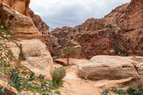 Rocky sandstone mountains landscape in Jordan desert near Petra ancient town, Jordan
