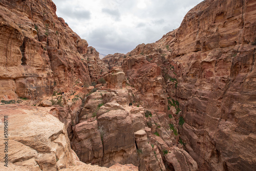 Rocky sandstone mountains landscape in Jordan desert near Petra ancient town  Jordan