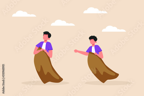 Teams play against each other to play sack racing. Indonesian Independence Day concept. Flat vector illustration isolated.