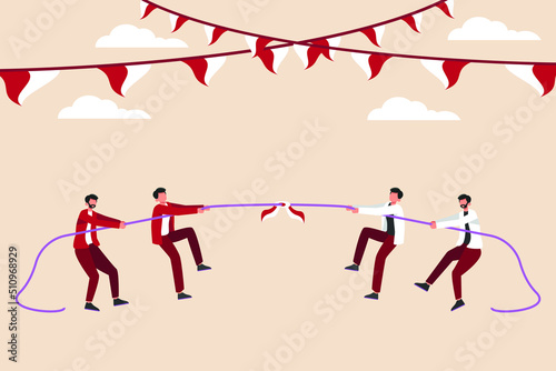 Indonesia people doing tug of war competition on Indonesia independence day. Indonesian Independence Day concept. Flat vector illustration isolated.