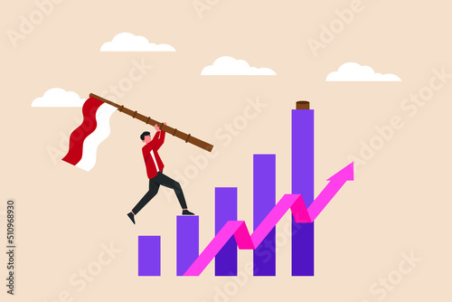 Indonesian youth holding the stick of the Indonesian flag to the highest peak. Indonesian Independence Day concept. Flat vector illustration isolated.