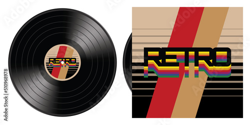 Black vinyl LP ( analog phonograph record disk ), isolated on white background, with word 'Retro' and stylized art on album sleeve cover and disc label. Vector illustration.