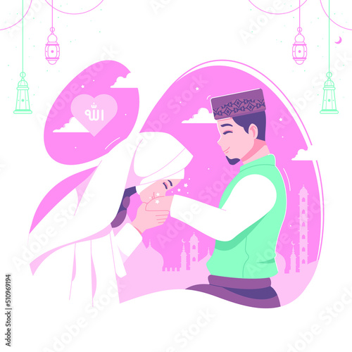 romantic muslim wedding couple illustration