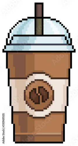 Pixel art coffee cup and cappuccino with straw vector icon for 8bit game on white background
