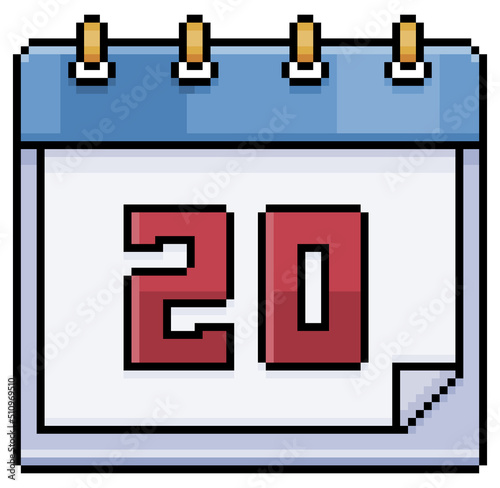 Pixel art calendar with date 20. Day 20. Holiday day 20 vector icon for 8bit game on white background
