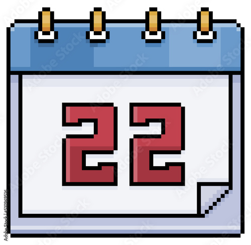 Pixel art calendar with date 22. Day 22. Holiday day 22 vector icon for 8bit game on white background
