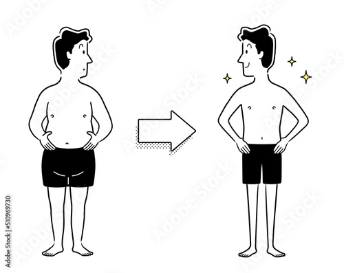 ベクターイラスト素材：ダイエット、ビフォーアフター、男性
