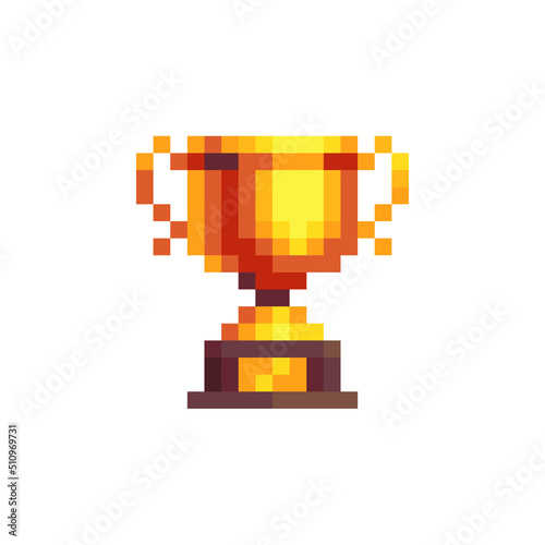 Winner's trophy award. Goblet pixel art icon. Sports competitions. Game tournament emblem. Golden cup. Game assets. Isolated abstract vector illustration. 8-bit sprite. 