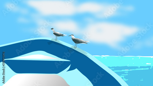 Two birds are standing on a blue boat under a sunny sky in a turquoise sea, enjoying a relaxing moment, vector
