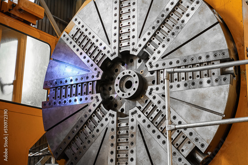 Base plate of huge lathe machine tool in plant workshop