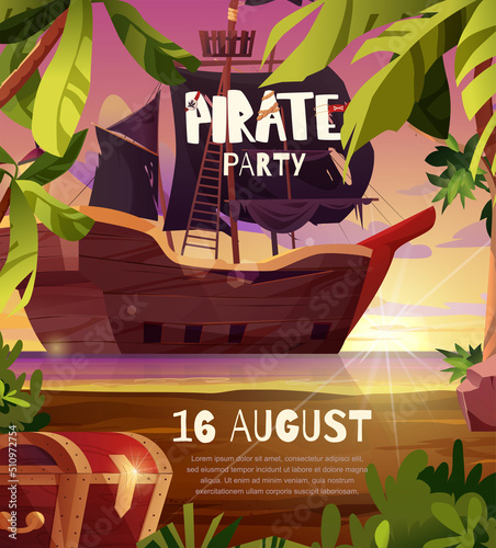 Pirates party invitation poster. Sailing pirate ship with black flags in the sea. Cartoon vector illustration.