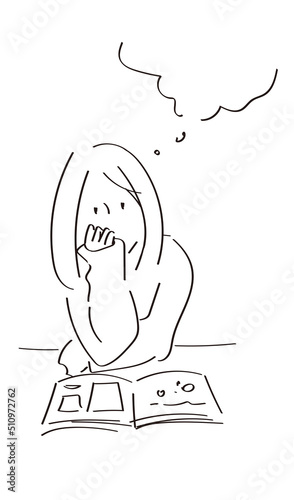 雑誌を広げて物思いにふける女性の線画イラスト