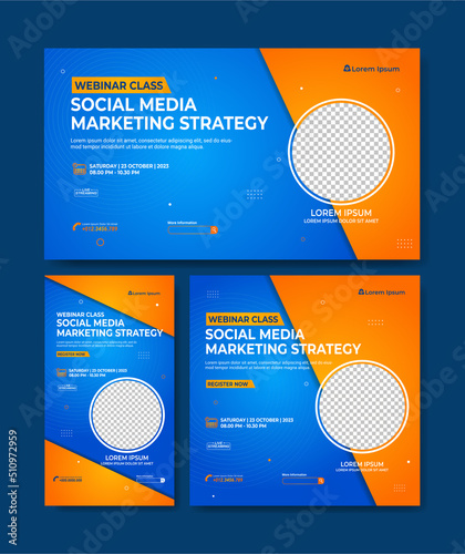Set of webinar business for social media post. Layout templates for stories, thumbnail screens waiting for live video streams, and square banners for social media posts.