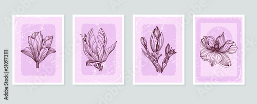 Magnolia Botanical wall art tropical illustration. Foliage line art drawing with retro and abstract shape. Grunge Plant Art design for print, cover, wallpaper, Minimal and natural wall art.