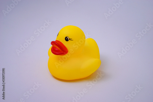 Rubber duck with duckling isolated on white studio lighting background. Children's swimming bath toys.