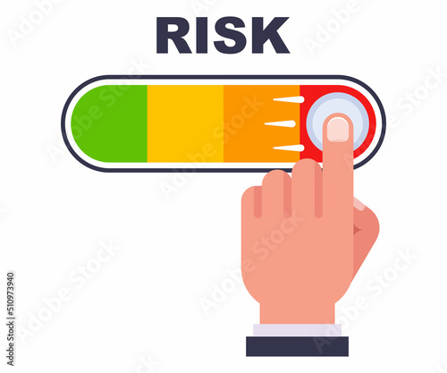 the finger moved the lever to the maximum. the red zone of risky transactions. flat vector illustration. photo
