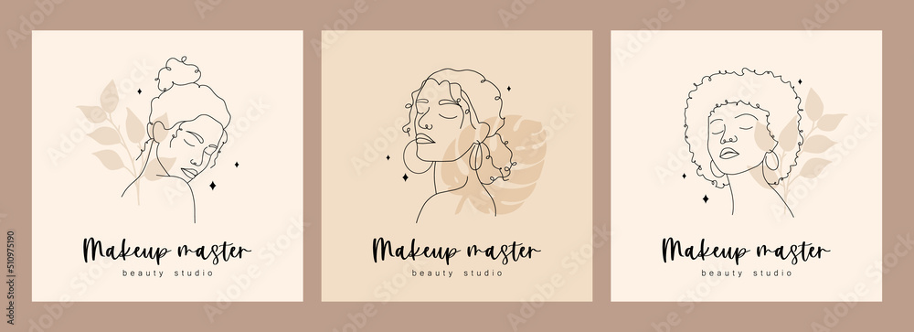 Set of logos design for beauty studio or makeup artist. Abstract woman faces with closed eyes. Hand drawn outline female silhouettes. Vector illustration in one line drawing style. Set of logos design for beauty studio or makeup artist. Abstract woman faces with closed eyes. Hand drawn outline female silhouettes. Vector illustration in one line drawing style.