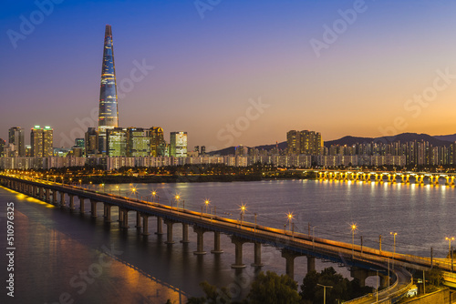 skyline of seoul by Han River in south korea