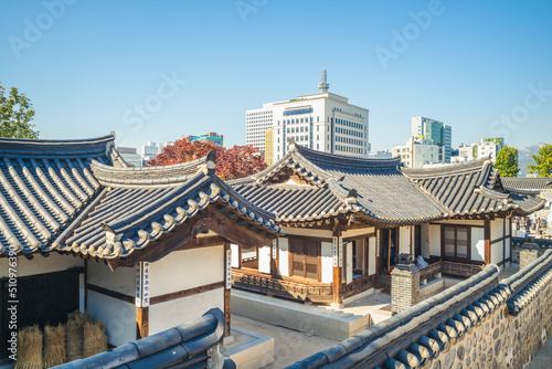 October 21, 2018: Namsangol Hanok Village, a Village of Traditional Houses in the Namsan Valley, Seoul, South Korea. This location was originally a Joseon era summer resort called Jeonghakdong. photo
