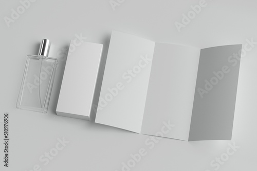 3d rendering, glass packaging of perfume and box leaflet, mockup for design demonstration