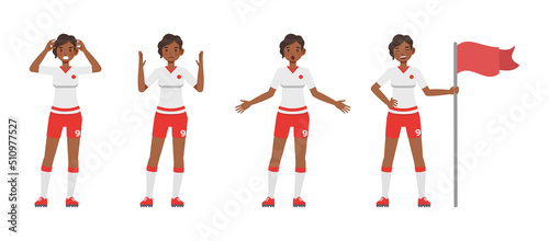 Set of Soccer and football player woman character vector design. Presentation in various action with emotions, running, standing and walking.