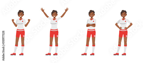 Set of Soccer and football player woman character vector design. Presentation in various action with emotions, running, standing and walking.