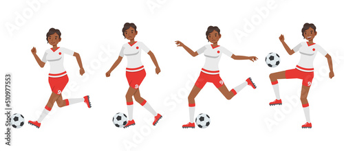 Set of Soccer and football player woman character vector design. Presentation in various action with emotions, running, standing and walking.