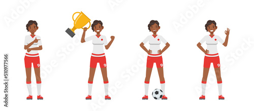 Set of Soccer and football player woman character vector design. Presentation in various action with emotions, running, standing and walking.