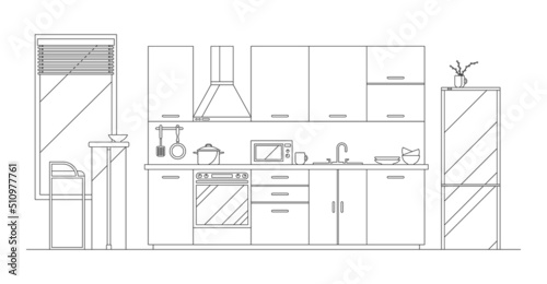 Vector flat illustration, modern kitchen interior. Furniture, kitchenware and utensil. Food preparation equipment, appliances