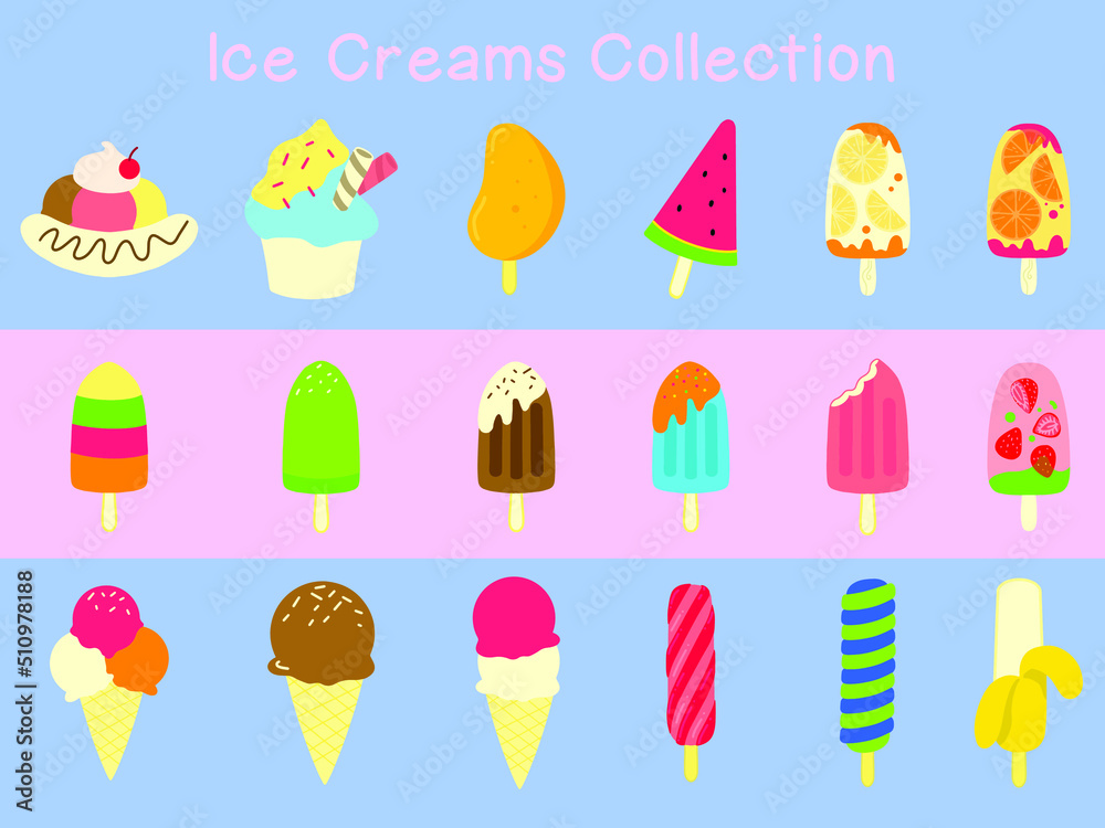 A set collection of various sweet ice creams on a white background Flat style vector illustration. A set collection of various sweet ice creams on a white background Flat style vector illustration.