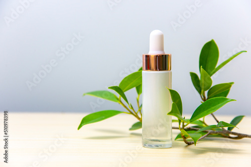 Beautiful white cosmetic bottle and decorated with green leaves.